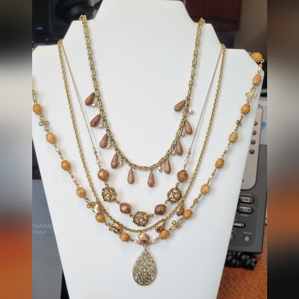 Robert Rose 4 Strand Gold Metal tone with Earth Tone Beads